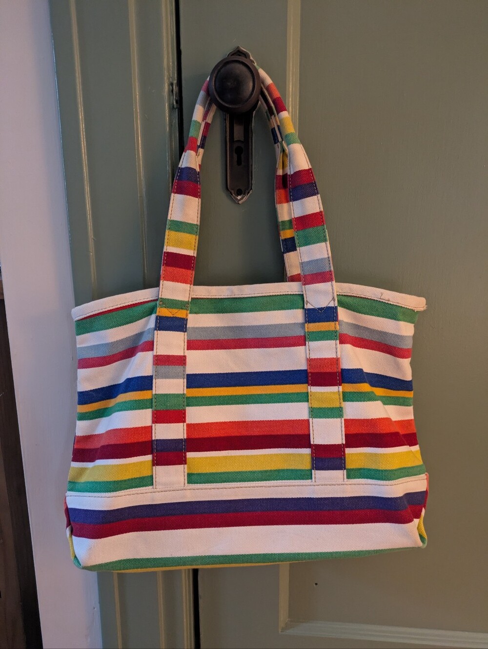 J. Crew Multicolor Striped Canvas Tote - White, Red, Green, Blue, Yellow, Purple